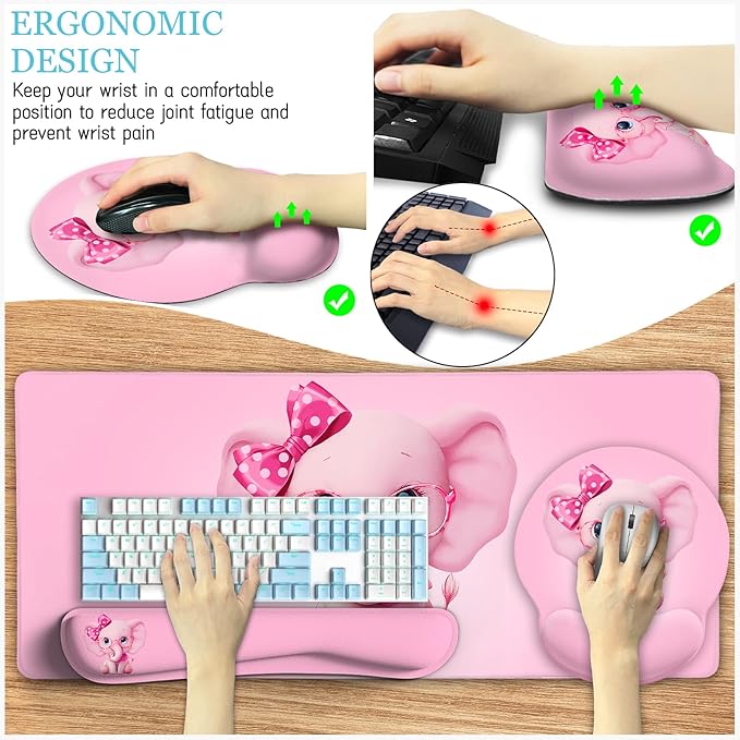 Elephant Mouse Pad Desk Mat Set Kawaii Gaming Ergonomic Mouse Pad with Wrist Support Wrist Rest for Computer Keyboard Cup Coaster Cute Pink Elephant Office Supplies Desk Decor Accessories