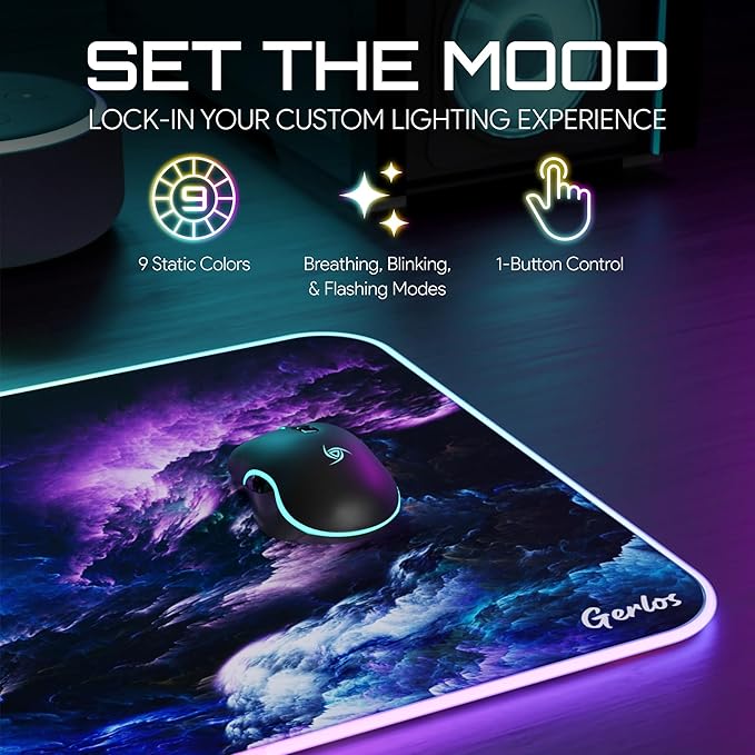 Gerlos RGB Large Gaming Mouse Pad Extended Soft LED Mouse Pad Non-Slip Rubber Base Water Resist Keyboard Pad Computer Mousepad 31.5×11.8 inches