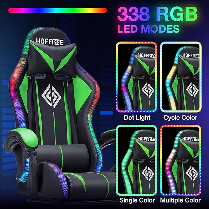 Gaming Chair Massage with Bluetooth Speakers and Lights Ergonomic Computer Game Chair with Footrest LED RGB Lights High Back Music Video Game Chair with Lumbar Support Green and Black