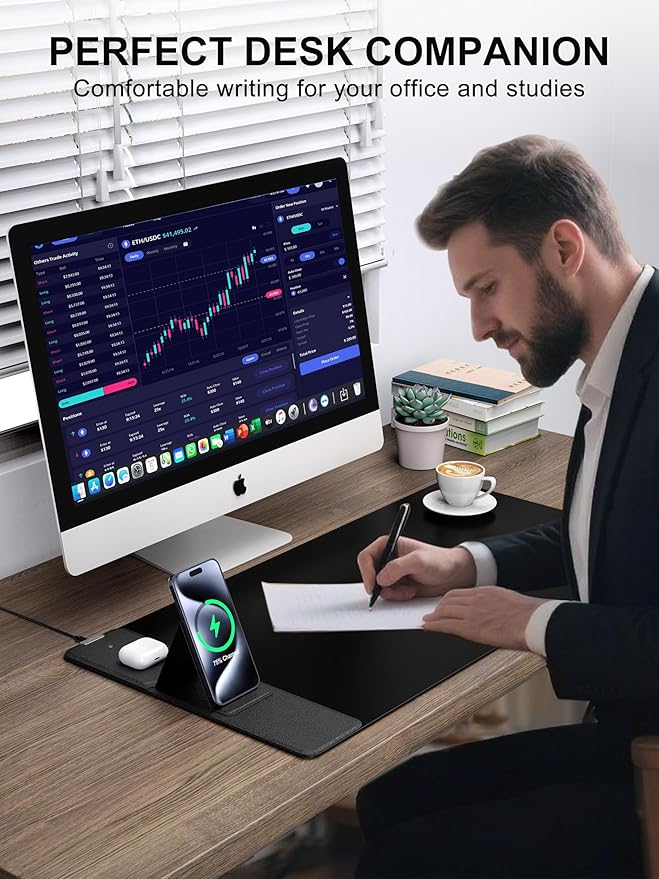 TopMade 4-in-1 Mouse Pad with 15W Wireless Charging Foldable Phone Holder 31.5 x 15.75 XXL Large Desk Pad Gaming Mousepad with Ultra-Smooth Surface Non-Slip Base Waterproof Desk Mat Black