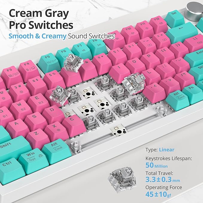 75% Wireless Creamy Mechanical Keyboard Hot Swappable Custom RGB Backlit Gasket Gaming 2.4G/BT5.0/USB-C Pink Mechanical Keyboard Pre-lubed Linear Gray Cream Switches