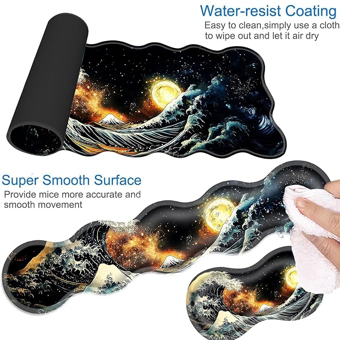 Desk Mat Mouse Pad with Wrist Rest 4-in-1 Large Mouse Pads for Desk Ergonomic Mouse Pad and Keyboard Wrist Rest Gaming Keyboard Mat for OfficeJapanese Sea Wave