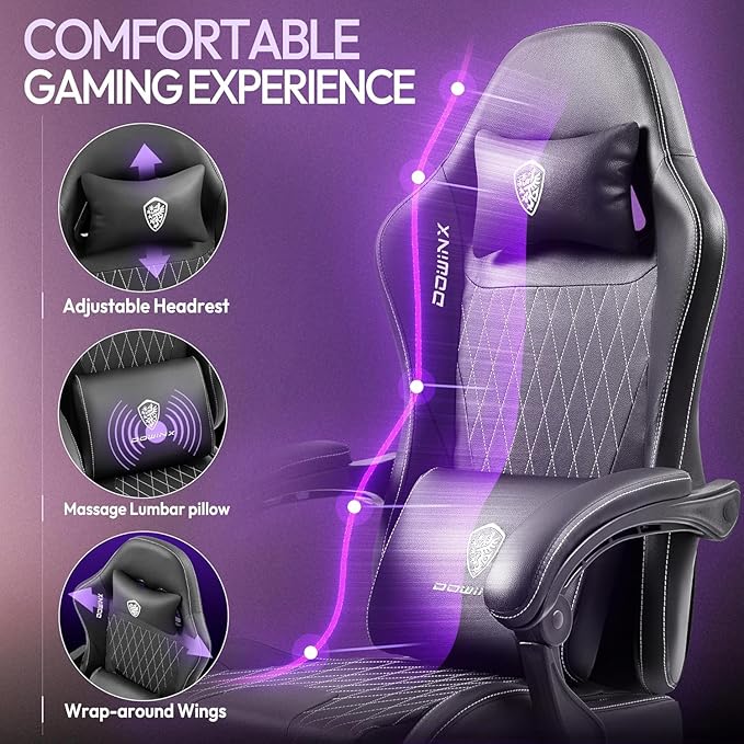 Dowinx Gaming Chair with Massage Lumbar Support and Footrest Video Game Chair for Adults Adjustable Ergonomic Gamer Chairs High Back with Pocket Spring Cushion Swivel Recliner with Headrest Black