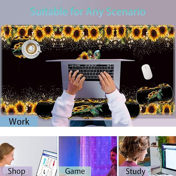 Large Gaming Mouse Pad Keyboard Wrist Rest + Mouse Wrist Pad + Coaster Combination Set Memory Sponge Non-Slip Base. Suitable for Office and Home Glitter Turtle Sunflowers