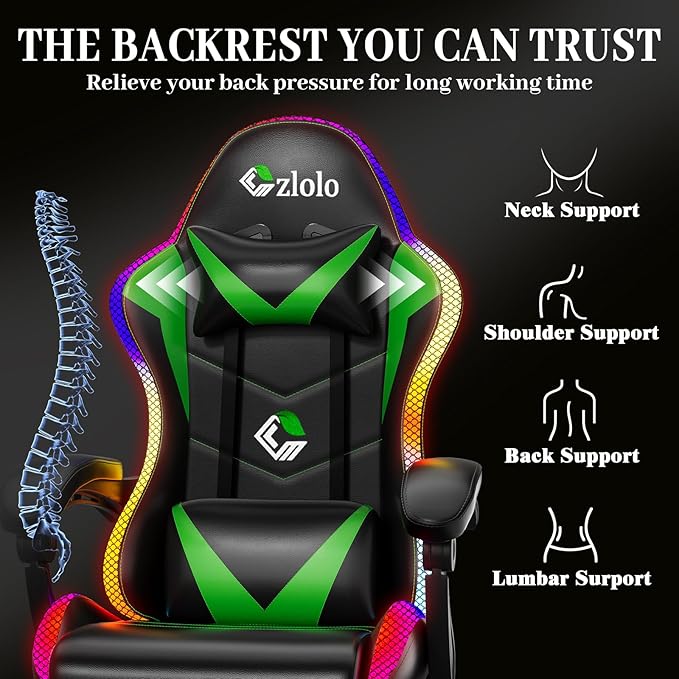 Gaming Chair Racing Style RGB LED Lights Gaming Chairs for Adults and Kids Lumbar Massager Gamer Chair High Back Reclining Computer Chair with Footrest and Headrest (Black/Green)