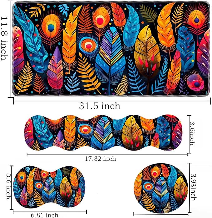 Keyboard Mouse Pad SetLarge Desk Pad+Keyboard Wrist Rest+Mouse Pad Wrist Support+CoasterEasy Typing Pain Relief Non-Slip Mousepad Wrist Support Mousepad Home OfficeColorful Bird Feathers