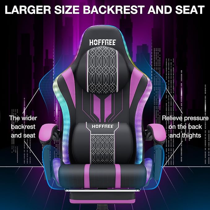 HOFFREE Led Gaming Chair Massage with Speakers Big and Tall Video Game Chair with Footrest for 400lbs Reclining High Back Computer Desk Chair Purple and Black