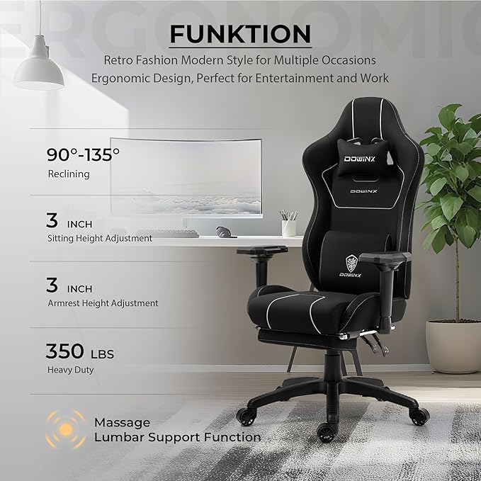 Dowinx Gaming Chair with Massage Lumbar Support Footrest Fabric Computer Gamer Chair with Pocket Spring Cushion Adjustable Comfortable Game Office Chair 300lbs for Adult Teens Black