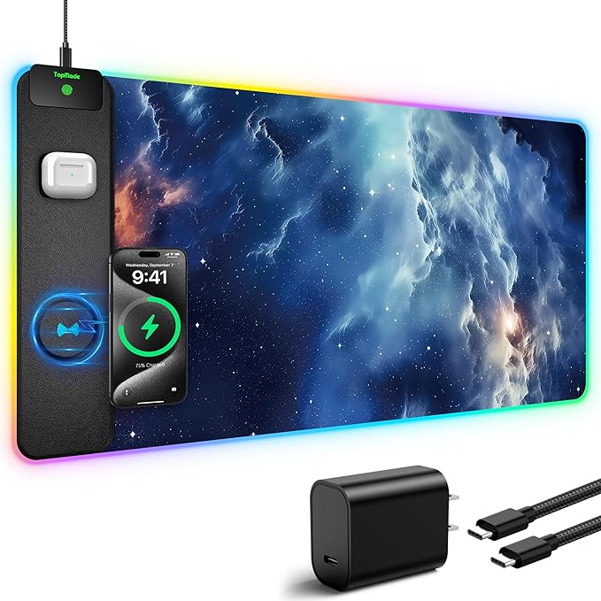 Wireless Charging Mouse Pad RGB Gaming Mousepad Home Office Desk Pad 31.5” x 15.8” XXL Large Desk Mat Waterproof Keyboard Pad Blue Nebula(Includes 20W PD Power Adapter &amp 6.56ft Woven Cable)