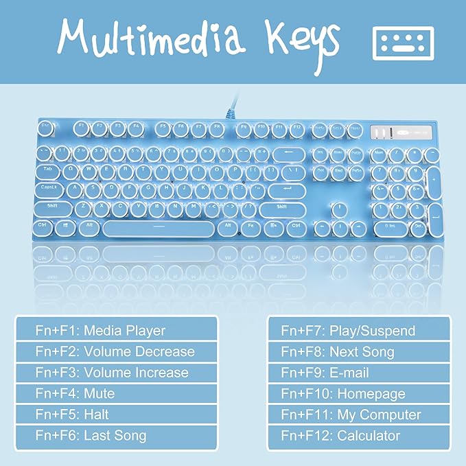 Typewriter Style Mechanical Gaming KeyboardRetro Punk Gaming Keyboard with White Backlit 104 Keys Blue Switch Wired Cute Keyboards with Detachable Wrist RestBlue Keyboards for Office/PC/Laptop