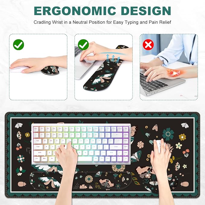 Large Mouse Pad and Keyboard Wrist Rest Desk Pad for Keyboard and Mouse Gaming Mousepad with Wrist Support Non-Slip Desk Mat for Home Office Black Butterfly Flower