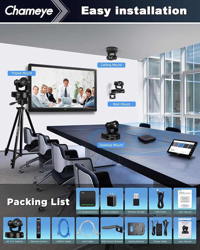Chameye 4K Video Conference Room Camera AI Auto Tracking PTZ Camera 4K 20X Zoom LAN HDMI USB3.0 PTZ Cam and Bluetooth Conference Speaker&ampMicrophone Bundle for Large Remote Meeting CB201 Black