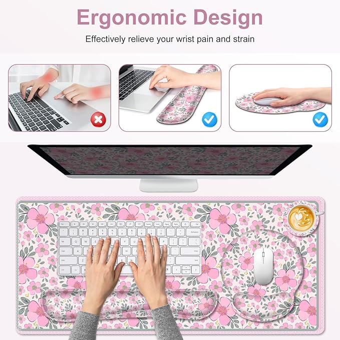 Floral Desk Mat 4in1 Large Mouse Pad with Wrist Rest Cute Desk Matt for Desktop Deskpad Mat Anti-Slip XXL Computer Ergonomic Mousepad with Wrist Support for Keyboard and Mouse I Pink Flowers