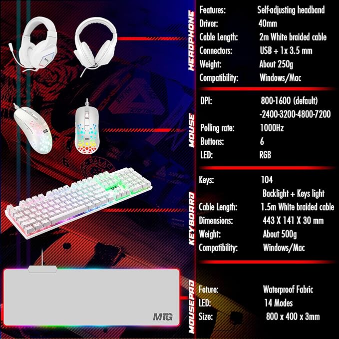 Gaming Kit for PC RGB Keyboard and Mouse Gaming Headphone Large LED Desk Mat with Smooth Surface with RGB Modes for Desktop Computer Xbox and PS4 Gamers - MTG 4 in 1 Combo