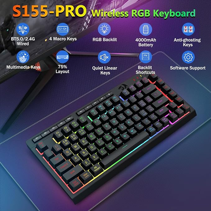 Redragon Wireless Gaming Keyboard and Mouse Combo Bluetooth/2.4G/USB-C Wired RGB Backlit 75% Portable Quiet Rechargeable Macro Membrane Keyboard &amp 12800 DPI Mouse with Software for Win/MAC