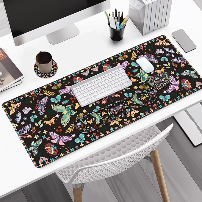 Desk Mat Pad Gaming Mouse Pad Wrist Support Set 4 in1 Non-Slip XXL Large Mousepad + Ergonomic Keyboard Wrist Rest+Mouse Wrist Rest+Coaster for Home Office Computer I Colorful Butterfly
