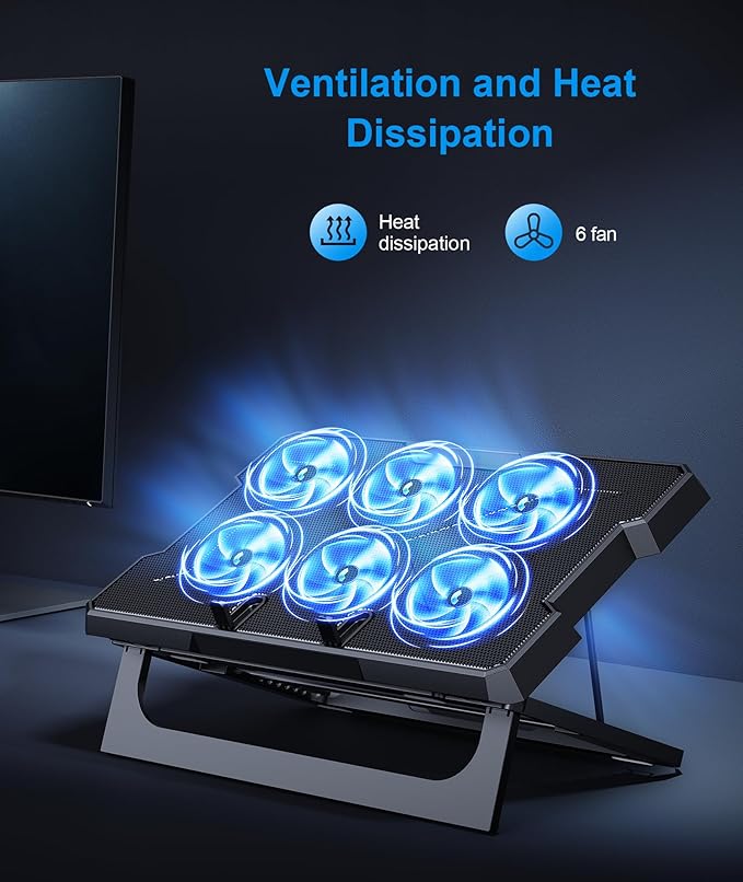 Laptop Cooling Pad Laptop Cooler with 6 Quiet Fans Up to 17.3 Inch Heavy Notebook Cooler Stand 8 Levels of Tilt Two Levels of Height Adjustable (Black)