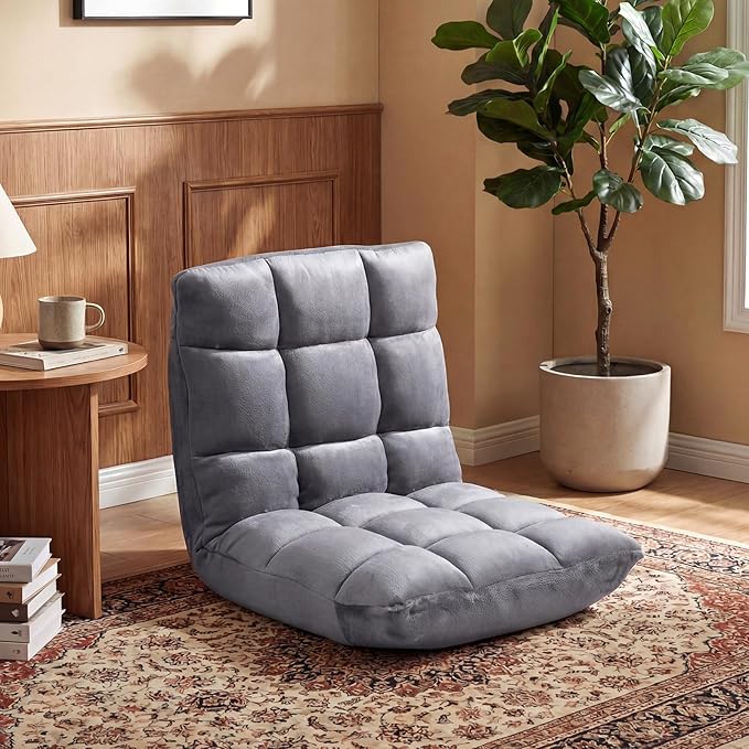 COSTWAY Floor Chair Video Gaming Chairs with Back Support Adjustable 14-Position Alloy Steel Frame Lazy Sofa Lounge Recliner for Adults Kids (Silver Grey)