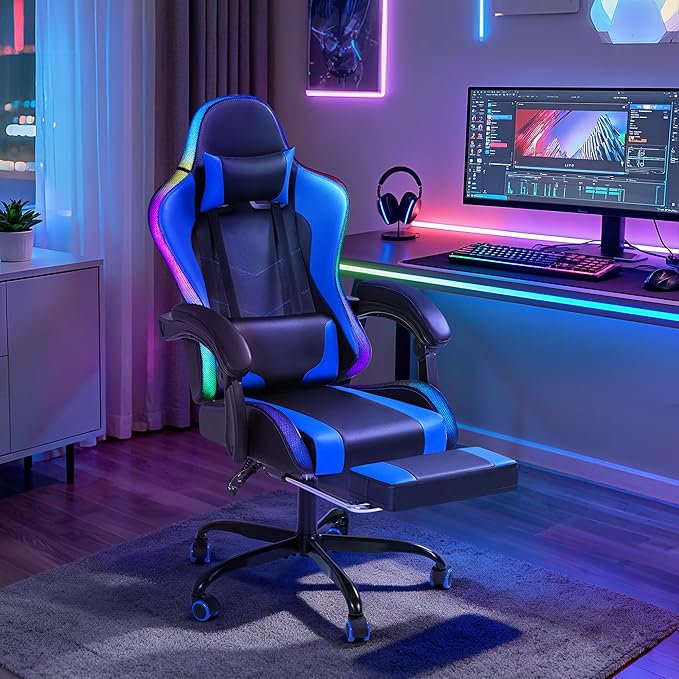 Gaming Chair with RGB Computer Gaming Chairs with LED Lights and Footrest for Home Office Blue and Black