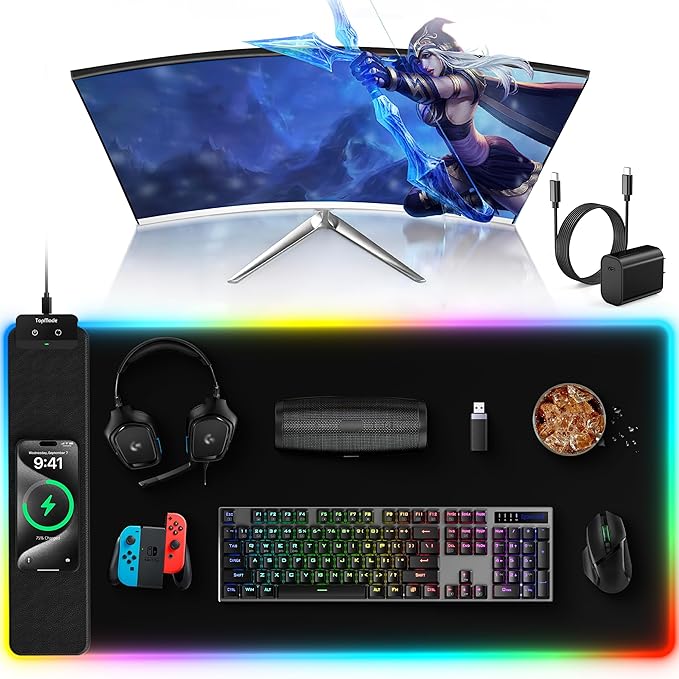 TopMade Mouse Pad with Wireless Charging 31.5 x 15.75 Large Desk Mat RGB Gaming Mousepad LED Desk Pad Keyboard Pad Waterproof Desk Pad (Includes 20W PD Power Adapter &amp 6.56ft Woven Cable)