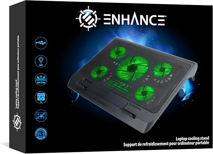 Enhance Gaming Laptop Cooling Pad Stand with LED Cooler Fans Adjustable Height &amp Dual USB Port for 17 inch Laptops - 5 Ultra Quiet High Performance Fans 2630 RPM &amp Built-in Bumpers - Green