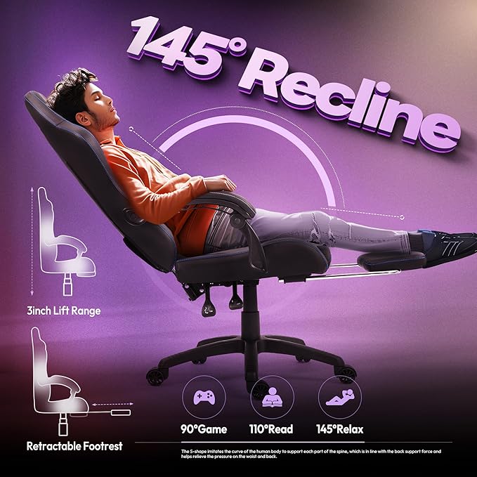 Dowinx Gaming Chair with Massage Lumbar Support and Footrest Gaming Chairs for Adults Ergonomic Computer Chair High Back with Pocket Spring Cushion Swivel Recliner with Headrest Blue