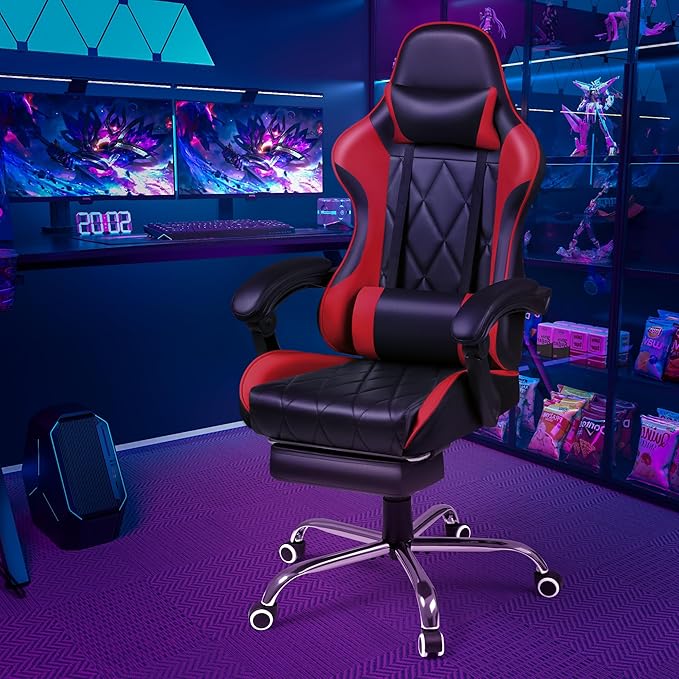 Shahoo Gaming Chair with Footrest and Massage Lumbar Support Computer Game Chairs Ergonomic Office Seat Height Adjustable with Headrest Red