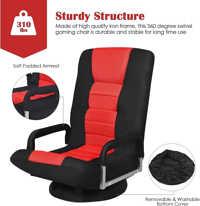 ERGOMASTER 360 Degree Swivel Video Gaming Floor Chair w/Armrests Adjustable 6-Position Folding Floor Chair Padded Backrest for Game Reading (Black/Red)