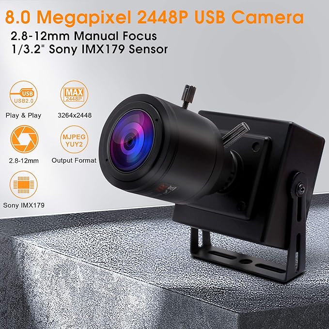 SVPRO Manual Zoom Focus USB Camera 2.8-12mm Varifocal Lens 2448P HD USB Web Camera 8MP High Definition with Sony IMX179 Sensor M12 Mount Lens Portable USB Camera with Metal Case and Bracket