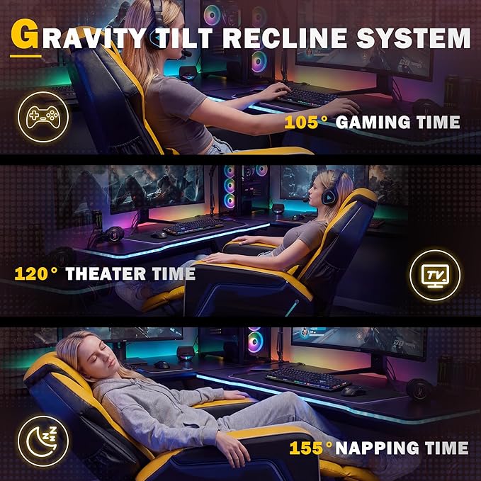 Gaming Recliner Chair with LED Lights Racing Style Big and Tall PU Leather Gaming Chair for Adults Lumbar Support Modern Ergonomic Comfortable Home Theater Seating for Living Room (Yellow)