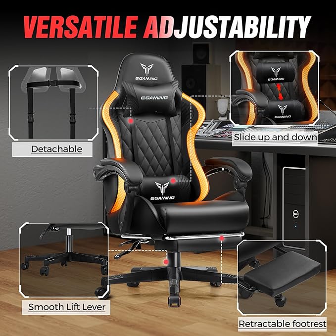 EXRACING Gaming Chair with Footrest Ergonomic High-Back PU Leather Computer Chair with RGB LED Lights Linkage Armrests Lumbar Support and Headrest 150°Reclining Diamond Quilted Office Chair for Adults