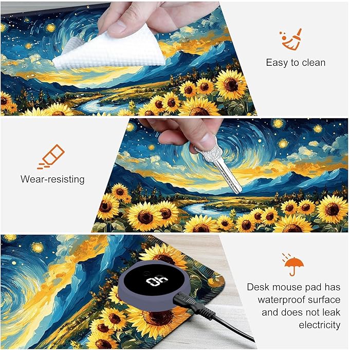 Heated Mouse PadWarm Desk Pad with 3 Levels Heating &amp 3 Hours Auto Shut-Off PU Leather Heated Desk Pad Warmer Pad for Home Office - 31.5 x 13 inchStarry Sky Sunflower