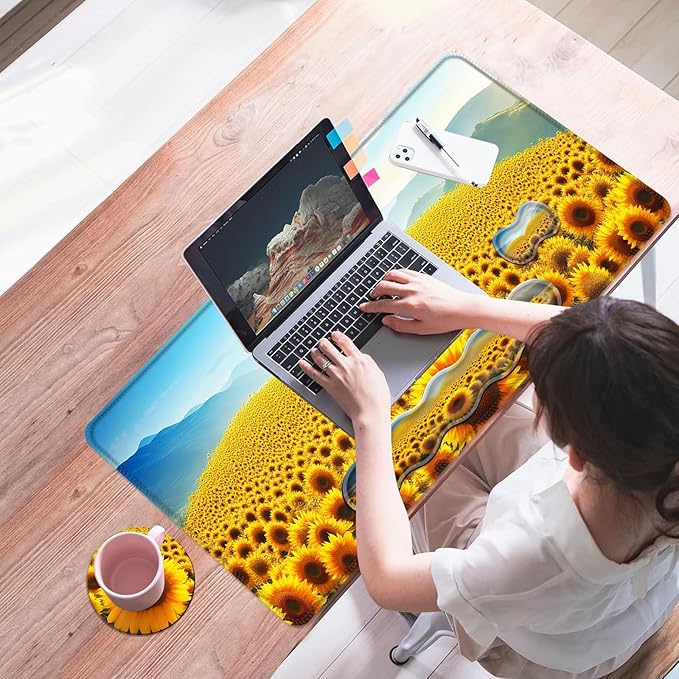 Mouse PadLarge Desk Mat Set 4in1 XL Mousepad + Keyboard Wrist Rest+Mouse Wrist Rest+Coaster with Ergonomic Desk Pad for Home Office Table Computer Cover -Sunflower Field and Mountain