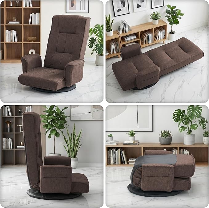 FLOGUOR 360 Swivel Gaming Chair 14-Position Adjustable Folding Floor Sofa with Armrests Lounger Bed for Home &amp Living Room Chaise Lounge Indoor for Adults QL201CO
