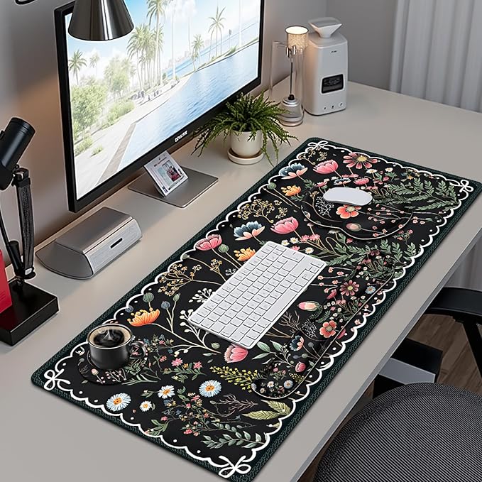 Flower Desk Mat 4in1 Large Mouse Pad with Wrist Rest Desk Matt for Desktop Desk Pad Mat Anti-Slip XXL Computer Ergonomic Mousepad with Wrist Support for Keyboard and Mouse I Black Florals Weeds