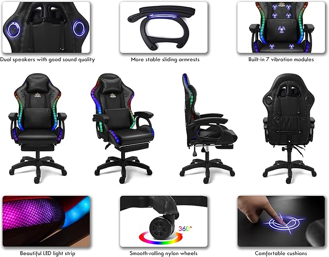 Gaming Chair with LED Lights and Speakers Ergonomic Pro Video Game Chair with Massage and Footrest for Adults Teens and Kids - Perfect for Gaming Office and Working. (Pink+White)