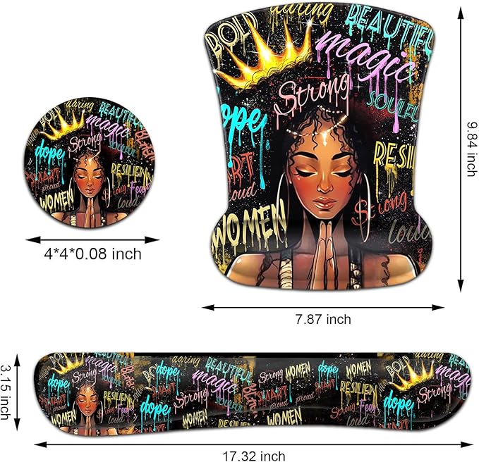 Keyboard Wrist Rest and Mouse Pad Wrist Support Set Ergonomic Gel Mouse Pad Wrist Rest with Non-Slip Base for Home Office Desk Pad African American Black Women Graffiti Girl Gaming Mouse Mat
