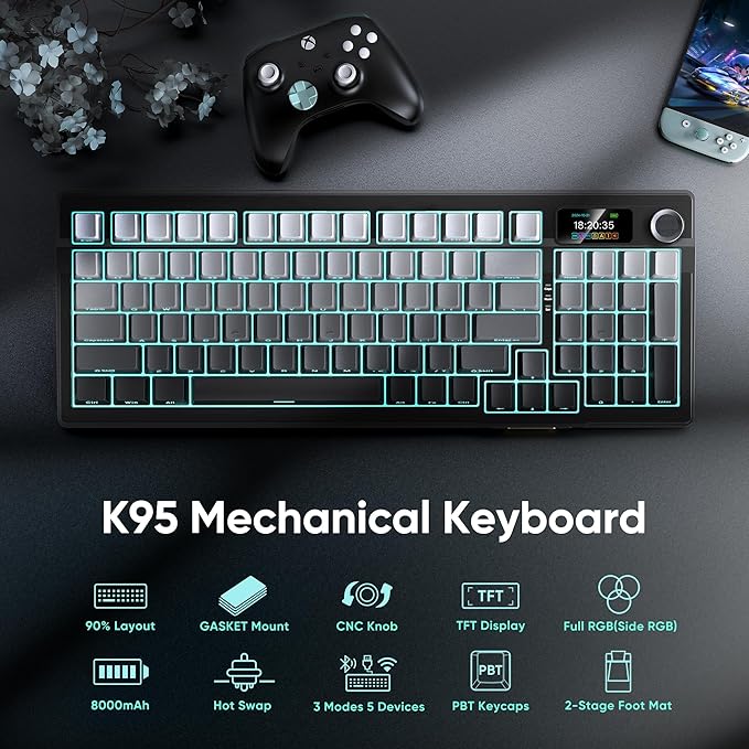 RedThunder K95 Wireless Mechanical KeyboardTFT Screen &amp Knob Trip-Modes Connection Gasket Custom Hot-Swap Keyboard RGB Backlit Pre-lubed Linear Switches Side Printed PBT Keycaps Gray Gradie