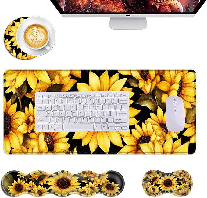 Mouse PadLarge Desk Mat Set 4in1 XL Mousepad + Keyboard Wrist Rest+Mouse Wrist Rest+Coaster with Ergonomic Desk Pad for Home Office Table Computer Cover -Yellow Sunflowers