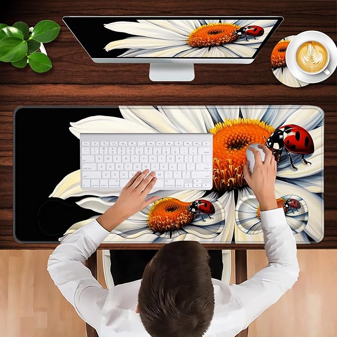 Keyboard Wrist Rest and Mouse Pad with Wrist Support Set Ergonomic CoasterMemory FoamEasy Typing Pain ReliefLarge XL Desk Mat 31.5x 11.8Ladybug on Daisy Flower
