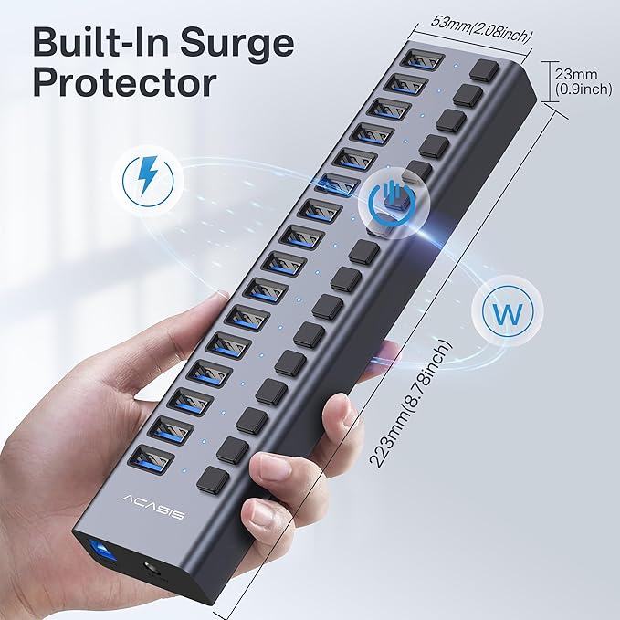 Powered USB 3.2 Hub ACASIS 16 Ports USB 3.2 Hub with 10Gbps Data SpeedAluminum Housing USB Hub Powered with 96W Power Adapter USB Hub for PC/Laptop Computer Flash Drive Printer Camera