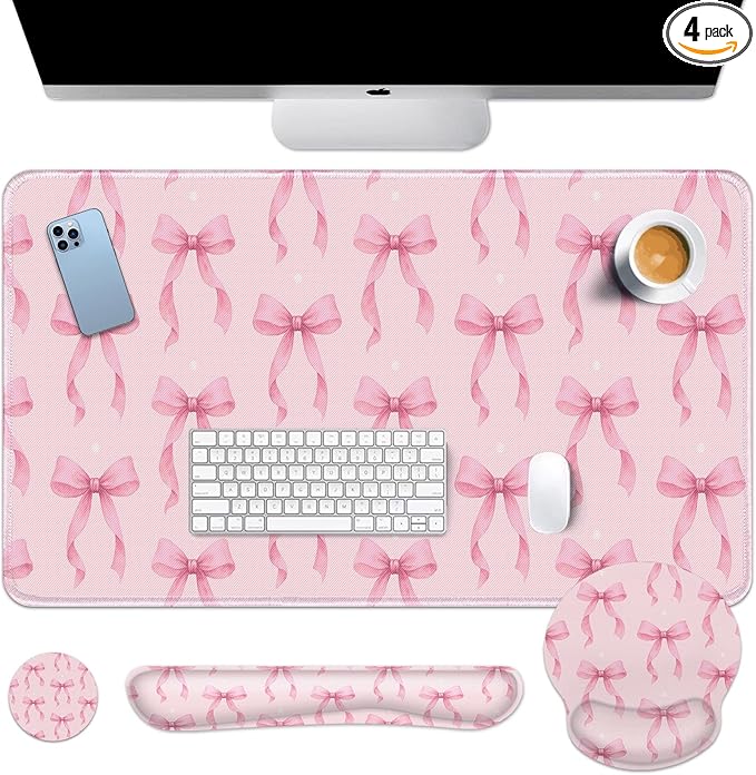 Arttown Pink Bow Ribbon Desk Mat Cute Kawaii Mouse Pad Set 4 in 1 Ergonomic Design Large Mouse Pad + Keyboard Wrist Rest + Mouse Wrist Rest + Coaster Suitable for Home Office Study Game