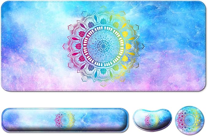 Keyboard Wrist Rest + Mouse Pad with Wrist Support + Desk Mat + Coaster 4 in 1 Set XXL Large Gaming Mousepad Cute Ergonomic Mouse Pads for Desk Computer Laptop Office Decor-Star Mandala
