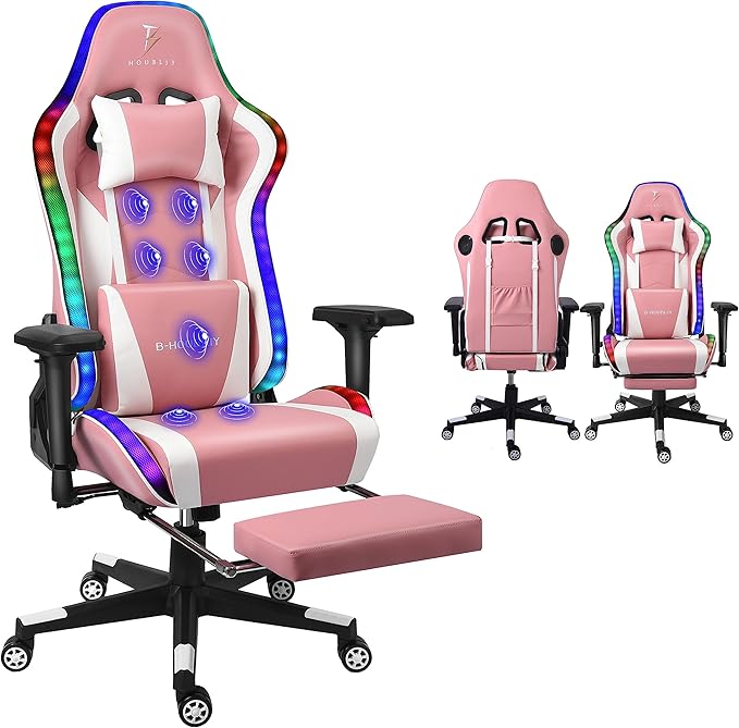 TBQATNTS Gaming Chair with Massage and SpeakersErgonomic Video Gaming Chair with Footrest and Lumbar SupportRGB Racing Gaming Chair Computer Chair for Adults and Teens 400lb.Pink