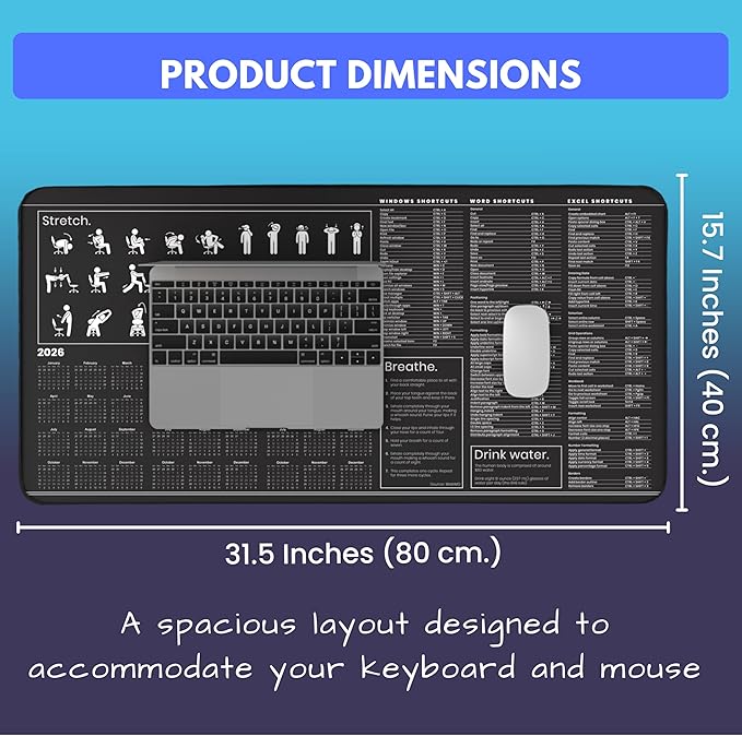 Productivity Desk Mat for Windows – Keyboard Shortcuts Wellness Guide &amp 3-Year Calendar | XL Office Mouse Pad for Excel Word &amp System Commands | Ergonomic Workspace Mat