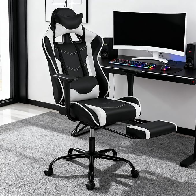 Gaming Chair Computer Chair Ergonomic Gaming Chair with Footrest Reclining High Back Video Game Chair with Lumbar Support Headrest Armrest Swivel Seat for Teen (White)