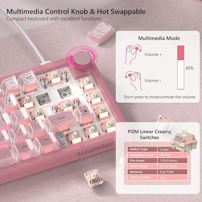 Womier 60% Percent Keyboard Pink Mechanical QMK/VIA Creamy Gaming Keyboard Topographic Hot Swappable Gasket Mount RGB Wired Key Board &amp Translucent Keycaps(VK66 PRO)