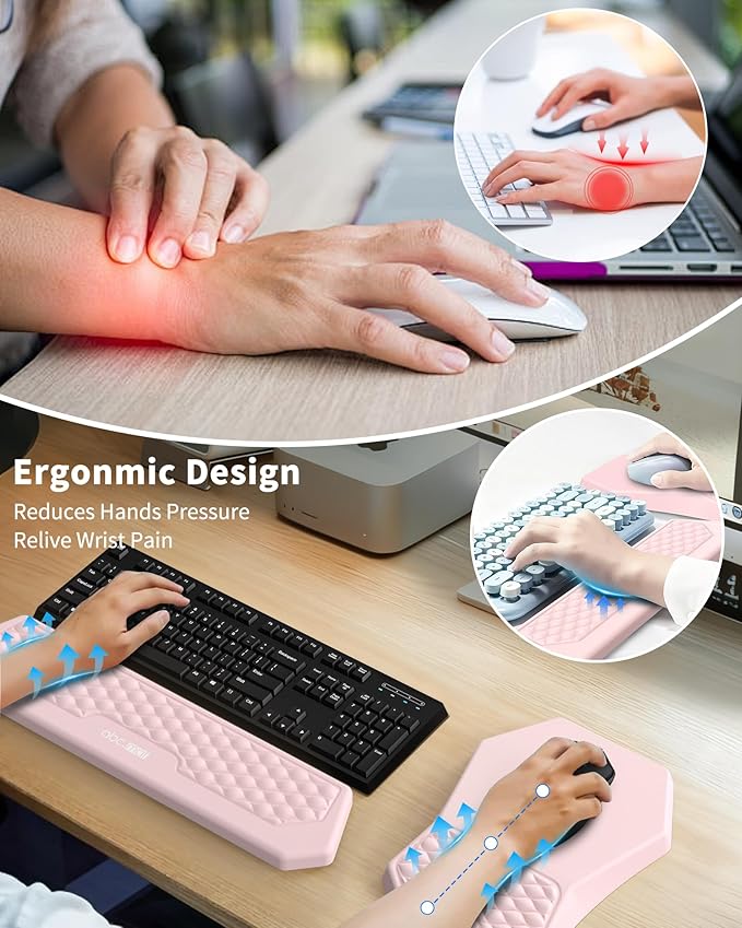 Ergonomic Mouse Pad and Keyboard Wrist Rest Support Set Massage Design Mousepad for Carpal Tunnel Pain Relief Memory Foam Non-Slip PU Base for Computer Desk Pink