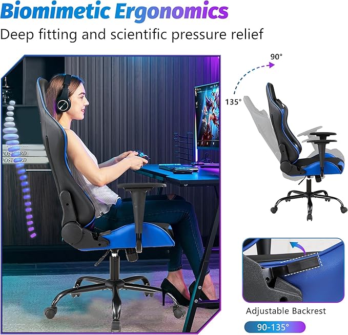 PayLessHere Gaming Chair Ergonomic Office Chair with Lumbar Support Headrest Armrests Rolling Swivel Functionality and Adjustable Features for PC Gamer (Blue)