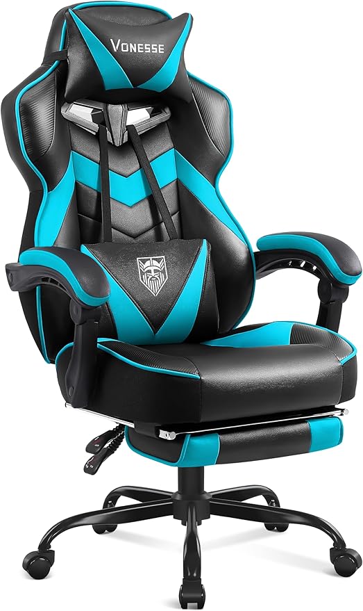 Vonesse Gaming Chair High Back Gaming Chair with Footrest and Massage Gaming Chairs for Adults with Pocket Spring Cushion Big and Tall Reclining Computer Chair with Lumbar Support (Cyan/Black)